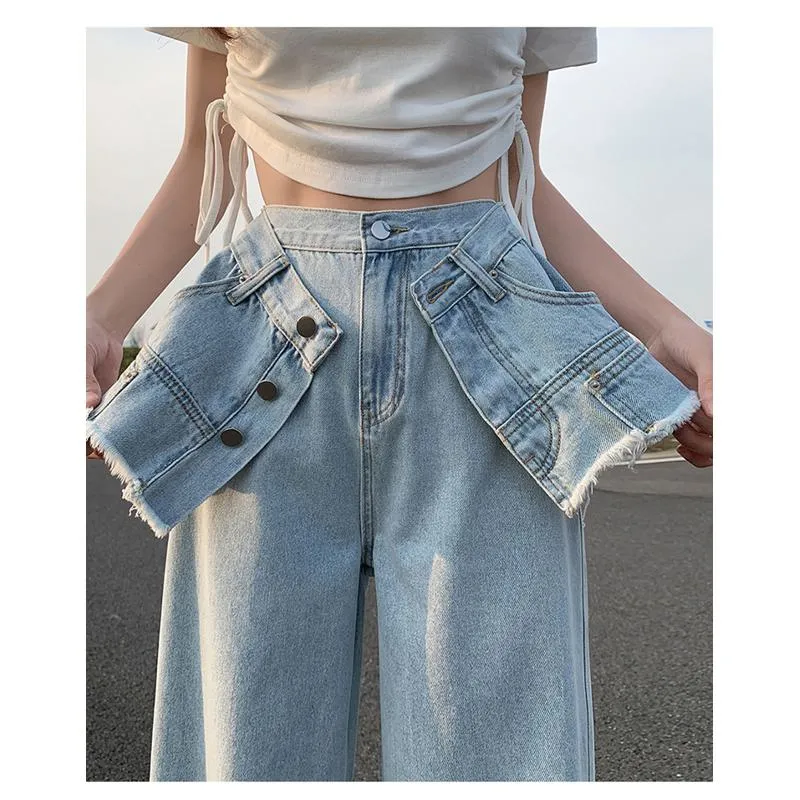 Slimming Thin High-Waisted Floor-Length Loose Fit Draping Straight Jeans