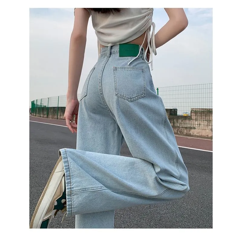 Slimming Thin High-Waisted Floor-Length Loose Fit Draping Straight Jeans