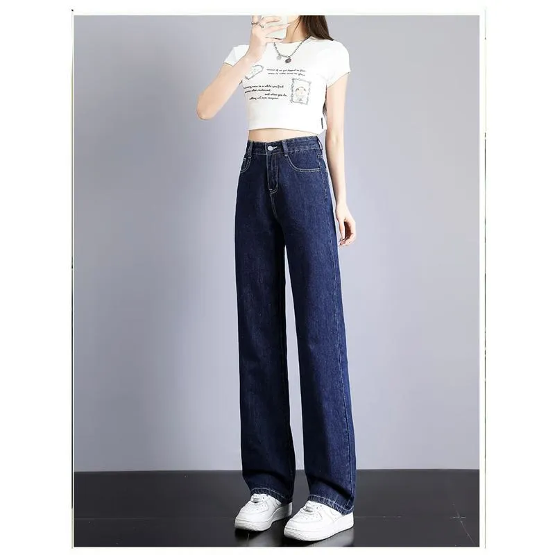 Slimming Versatile Solid Floor-Length Straight High-Waisted Jeans