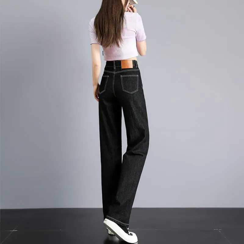 Slimming Versatile Solid Floor-Length Straight High-Waisted Jeans