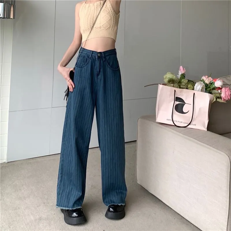 Slimming Worn-Out Look Vertical Stripes Blue Stripe Straight Pants High-Waisted Jeans