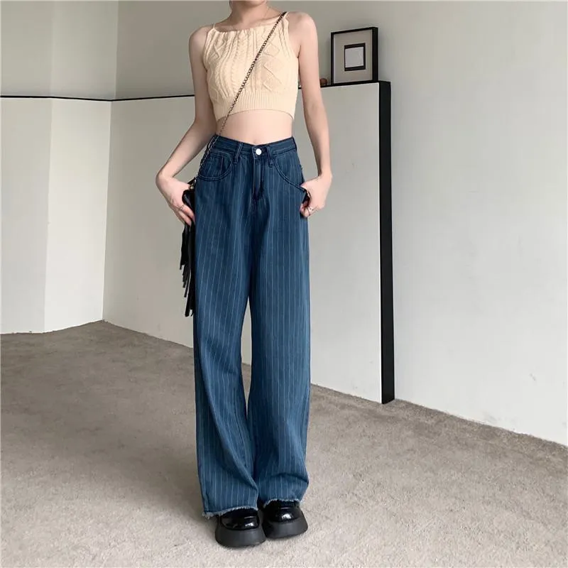 Slimming Worn-Out Look Vertical Stripes Blue Stripe Straight Pants High-Waisted Jeans