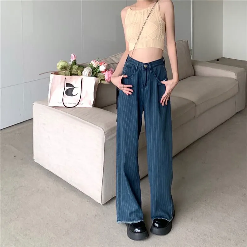 Slimming Worn-Out Look Vertical Stripes Blue Stripe Straight Pants High-Waisted Jeans