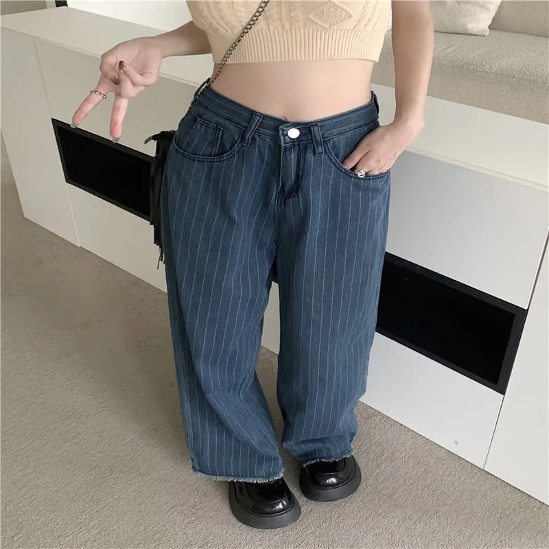 Slimming Worn-Out Look Vertical Stripes Blue Stripe Straight Pants High-Waisted Jeans