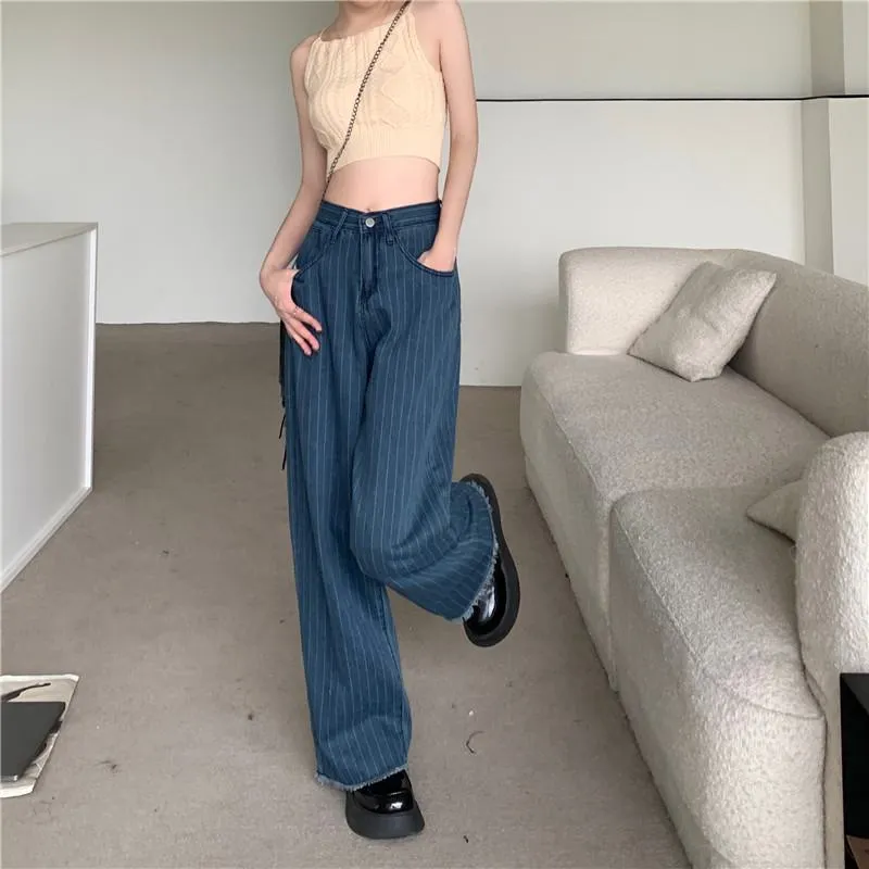 Slimming Worn-Out Look Vertical Stripes Blue Stripe Straight Pants High-Waisted Jeans