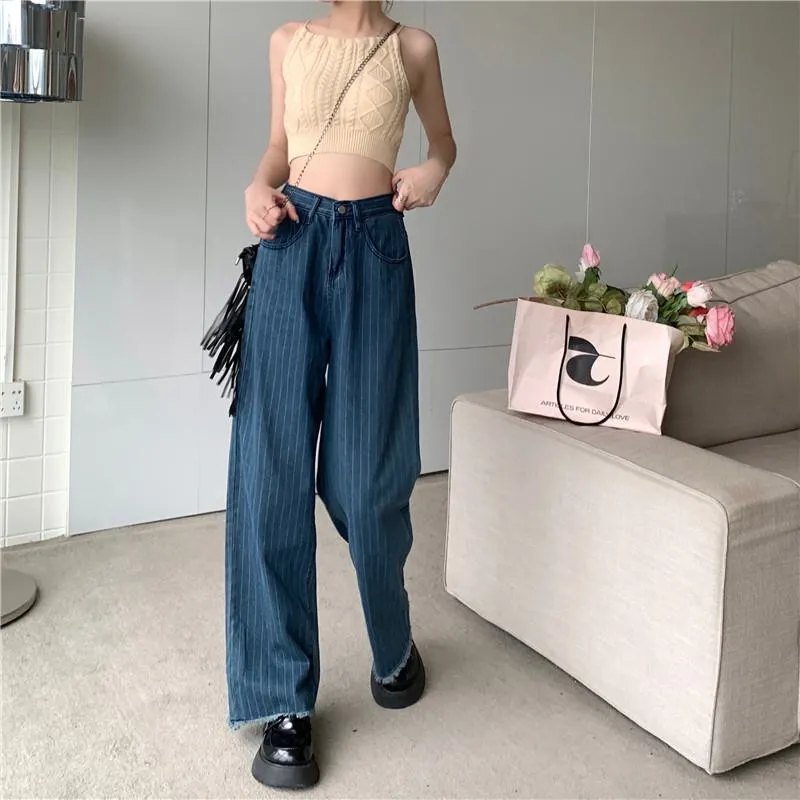 Slimming Worn-Out Look Vertical Stripes Blue Stripe Straight Pants High-Waisted Jeans