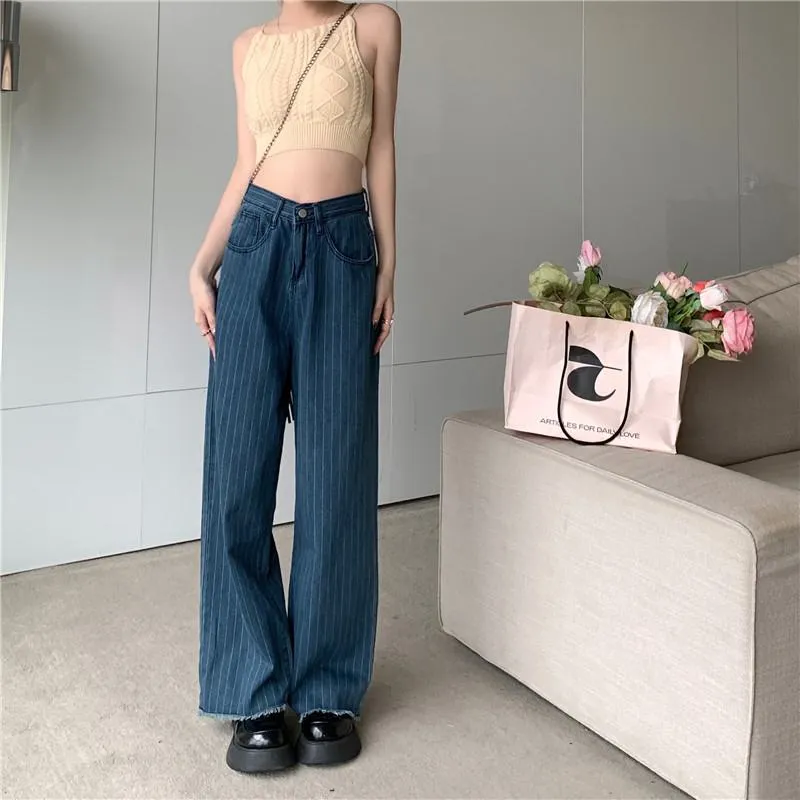 Slimming Worn-Out Look Vertical Stripes Blue Stripe Straight Pants High-Waisted Jeans