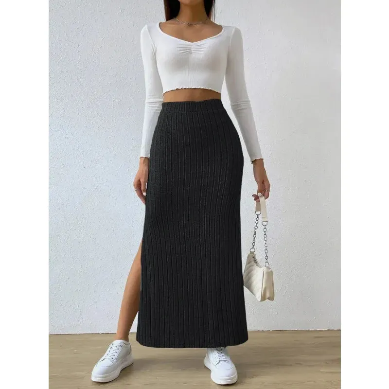 Spring Summer High Waist Side Split Knitted Skirt