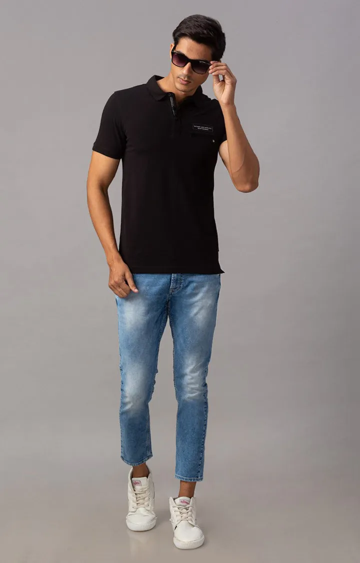 Spykar Black Cotton Slim Fit Polos T-Shirt For Men