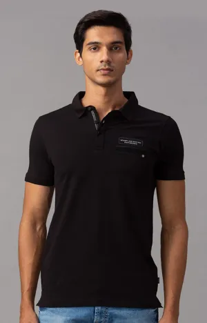 Spykar Black Cotton Slim Fit Polos T-Shirt For Men