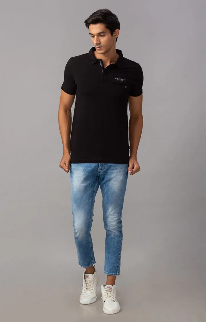 Spykar Black Cotton Slim Fit Polos T-Shirt For Men