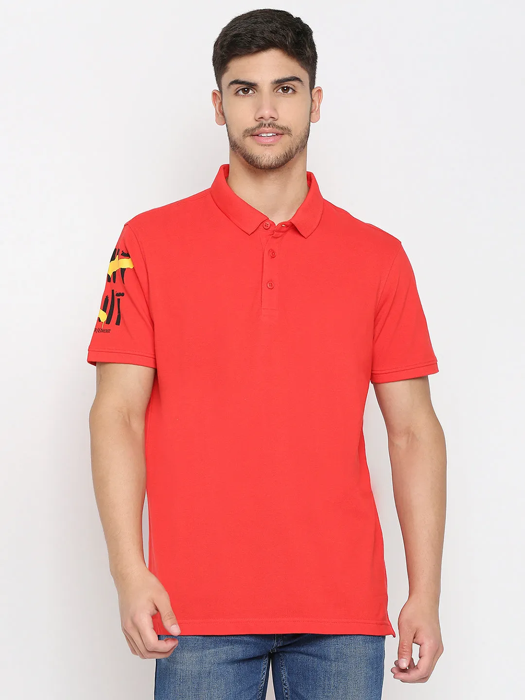 Spykar Deep Coral Cotton Half Sleeve Plain Polo T-Shirt For Men