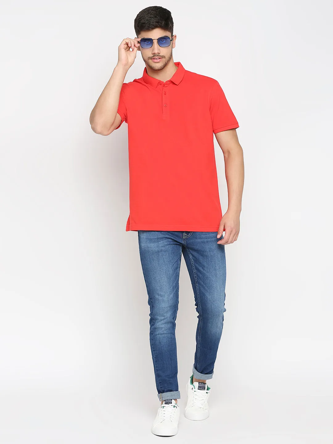 Spykar Deep Coral Cotton Half Sleeve Plain Polo T-Shirt For Men