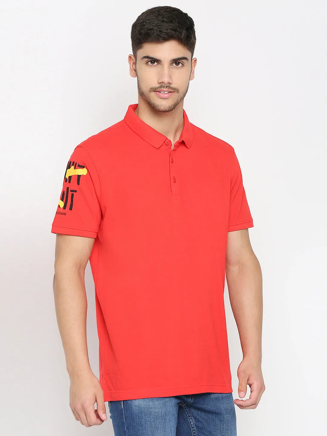 Spykar Deep Coral Cotton Half Sleeve Plain Polo T-Shirt For Men