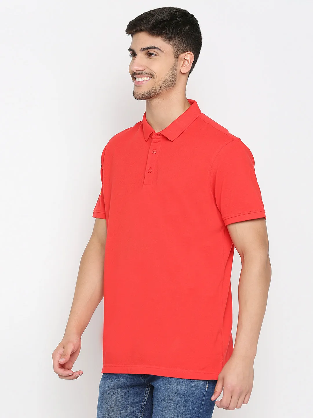 Spykar Deep Coral Cotton Half Sleeve Plain Polo T-Shirt For Men