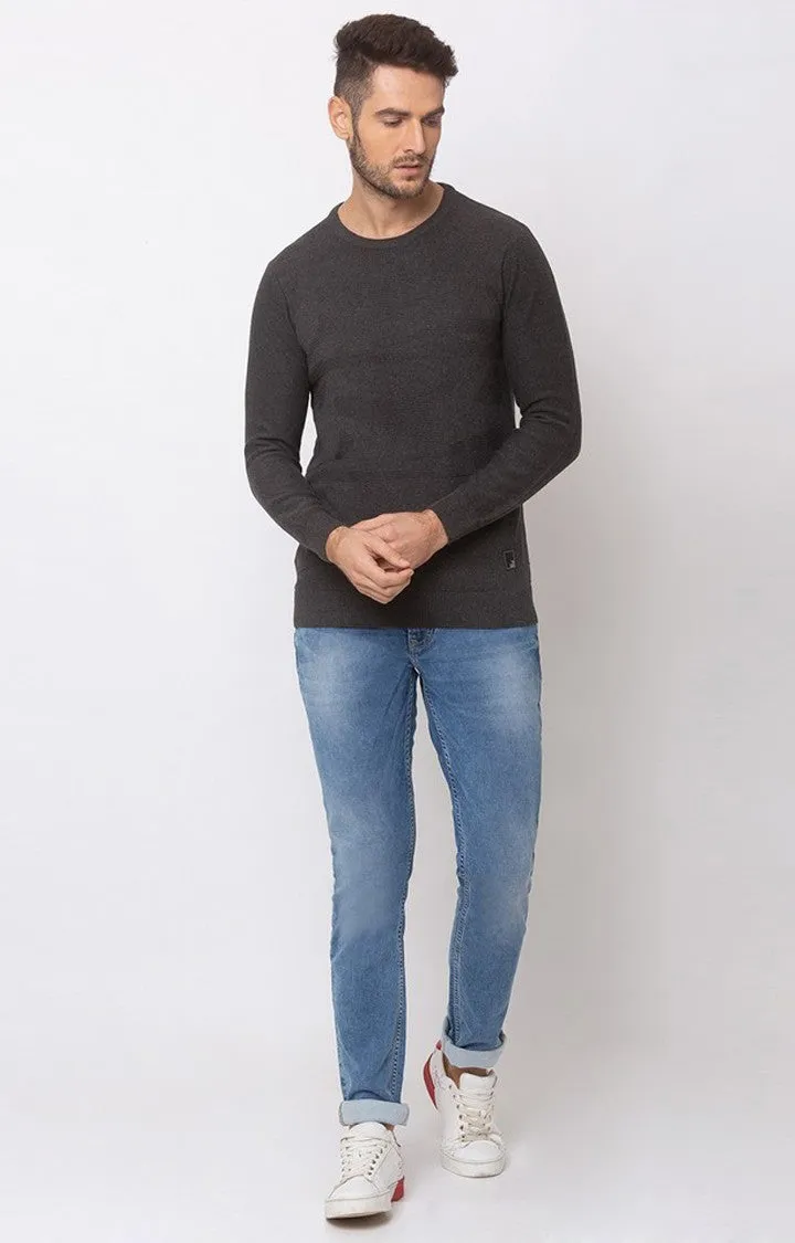 Spykar Grey Cotton Regular Fit Sweater For Men