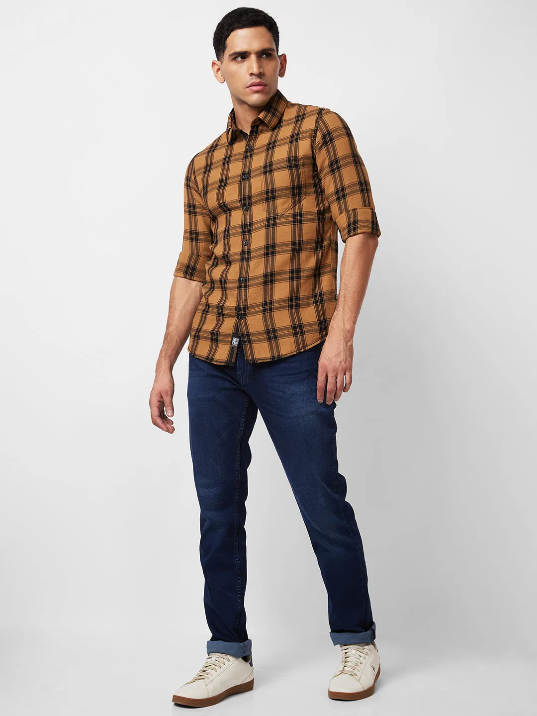 Spykar Khaki Checked Shirt For Men