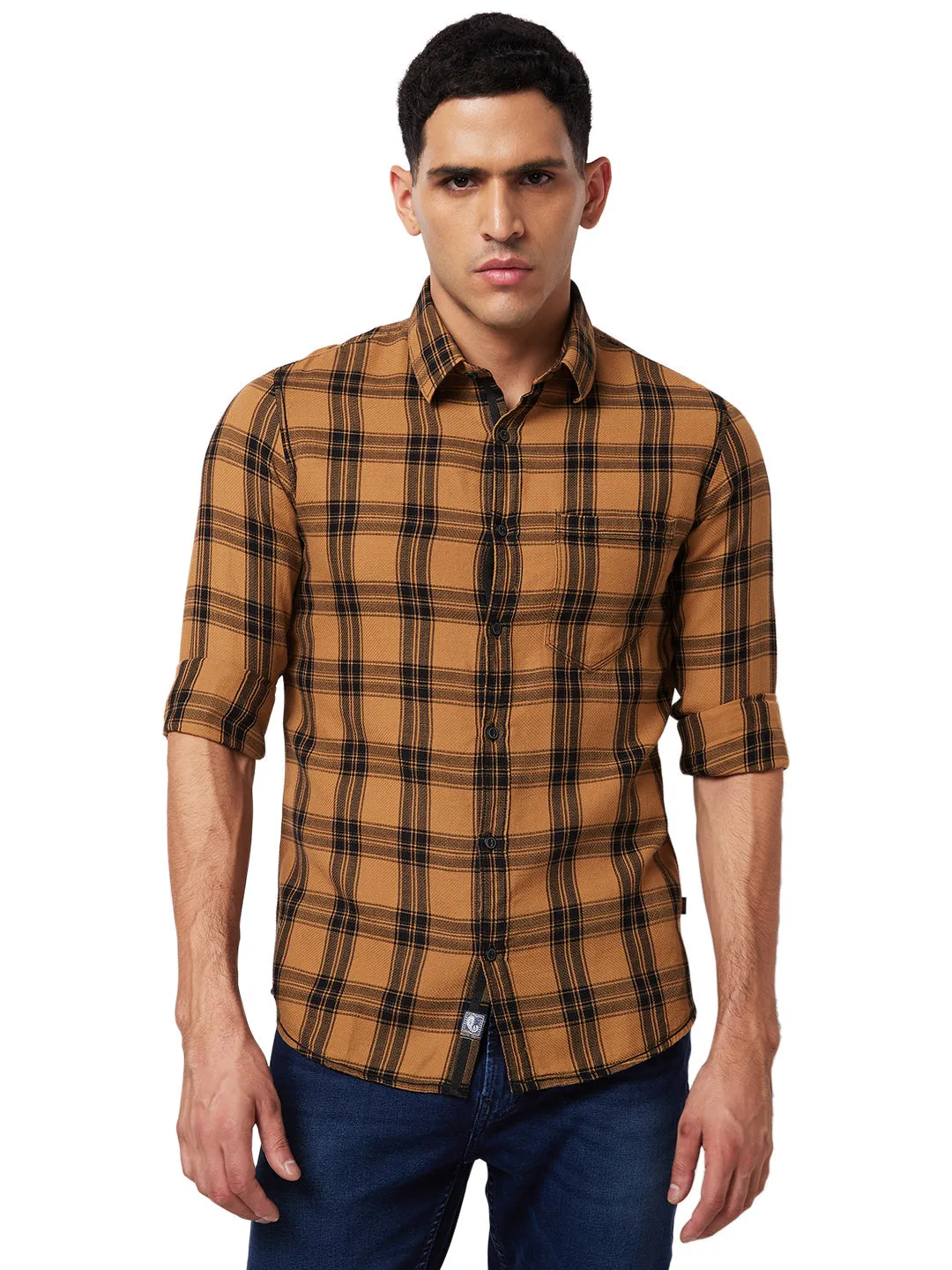 Spykar Khaki Checked Shirt For Men