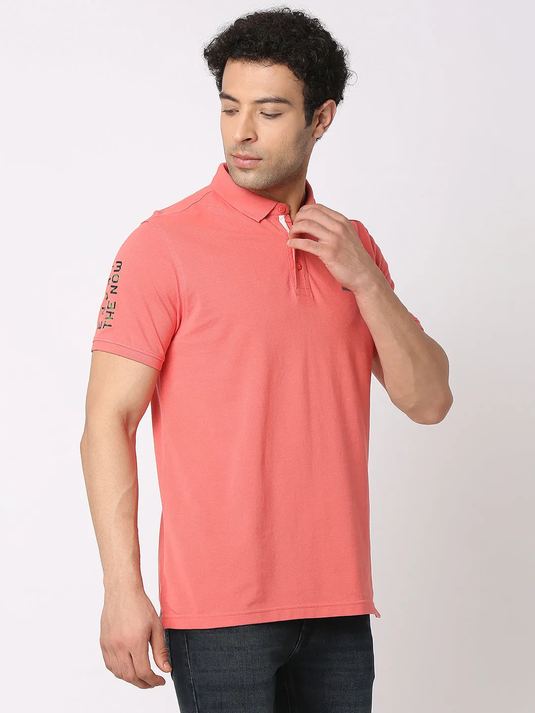 Spykar Men Haze Pink Cotton Regular Fit Polo Plain T-Shirt