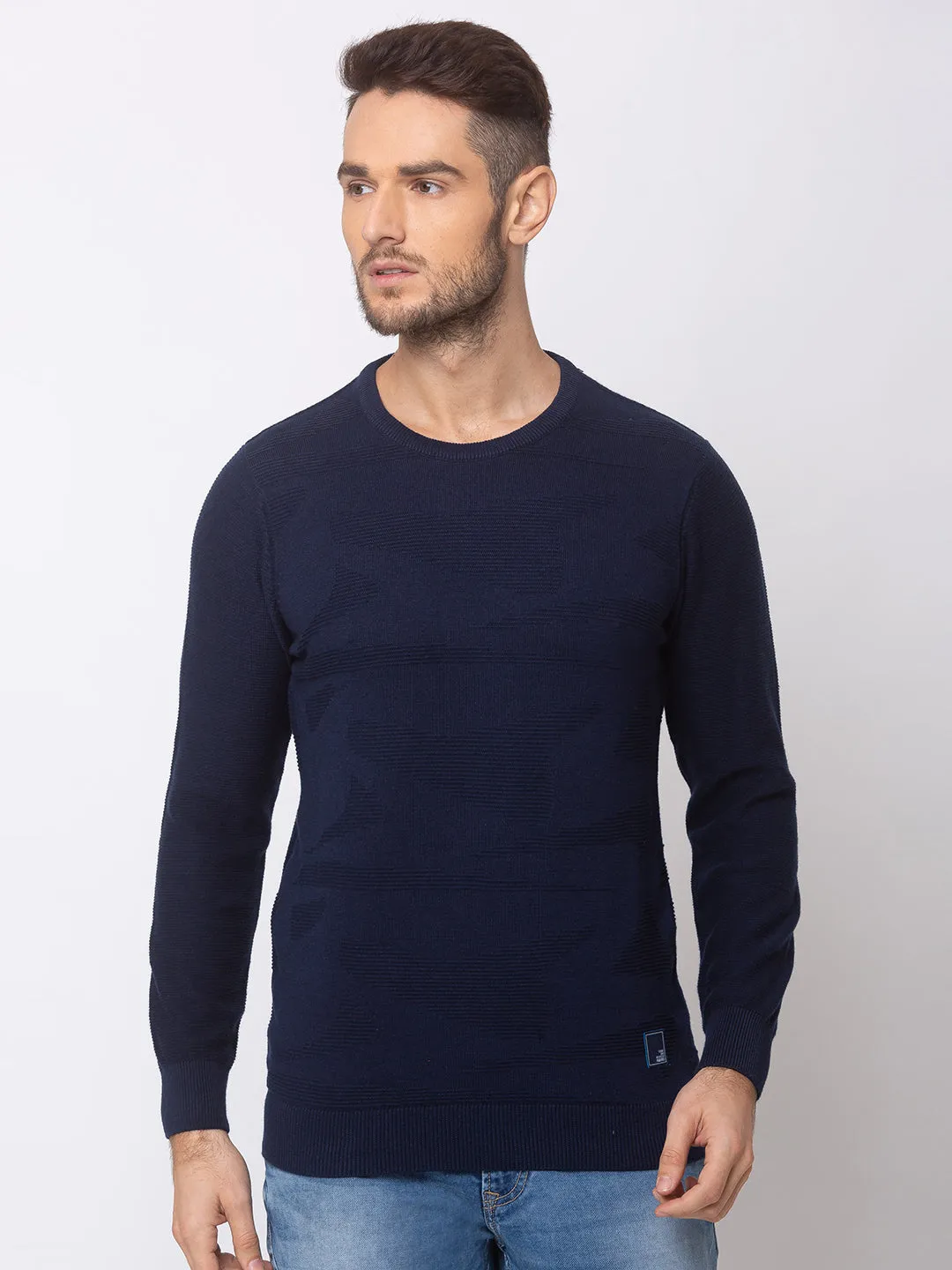 Spykar Men Navy Blue Cotton Regular Fit Sweater