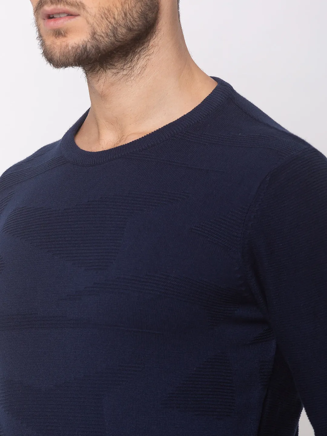 Spykar Men Navy Blue Cotton Regular Fit Sweater