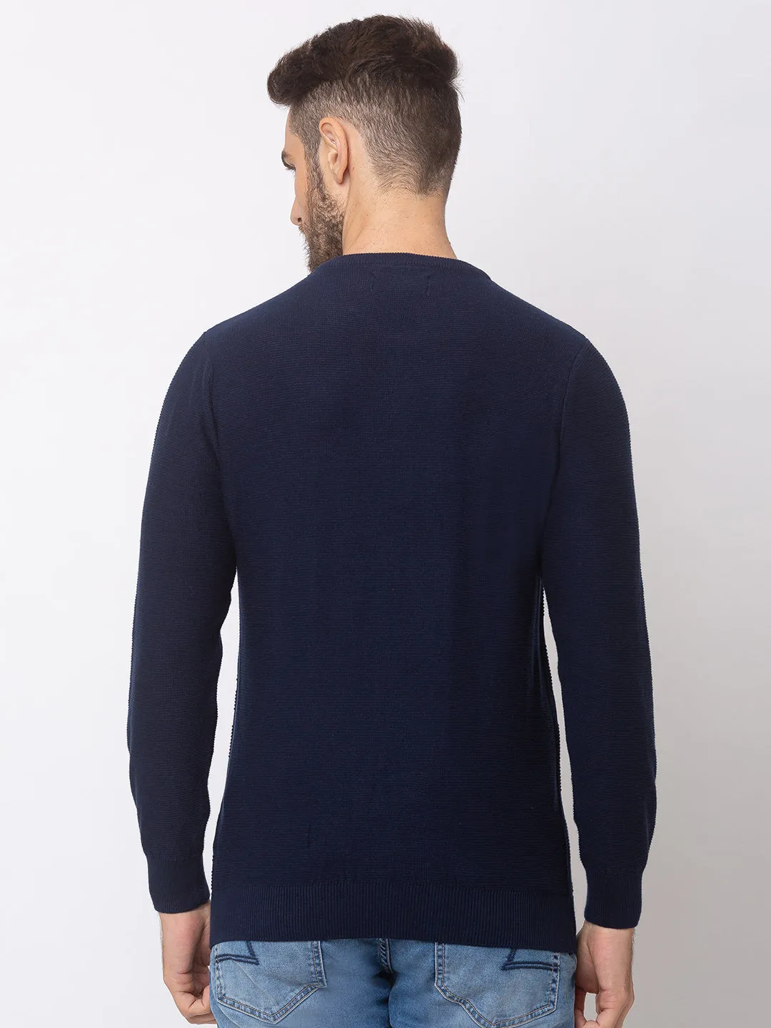 Spykar Men Navy Blue Cotton Regular Fit Sweater