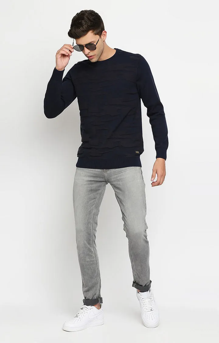 Spykar Men Navy Cotton Regular Fit Full Sleeve Round Neck Sweater