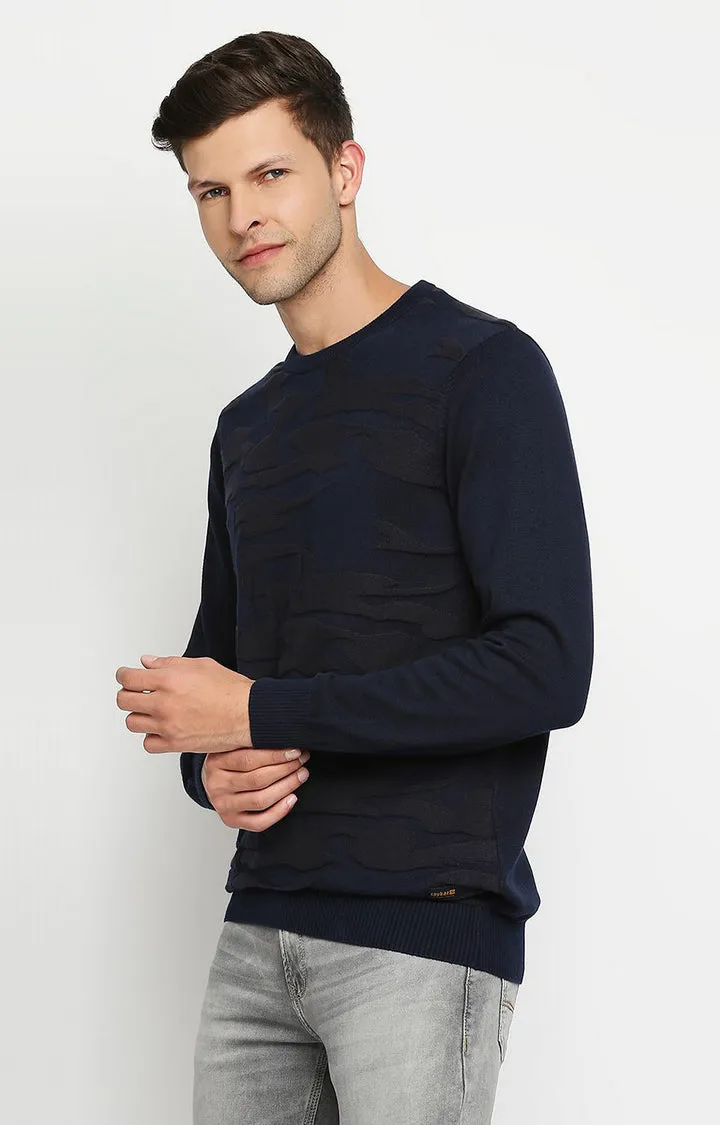 Spykar Men Navy Cotton Regular Fit Full Sleeve Round Neck Sweater