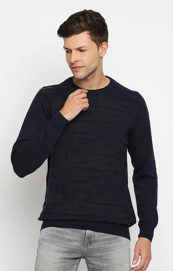 Spykar Men Navy Cotton Regular Fit Full Sleeve Round Neck Sweater