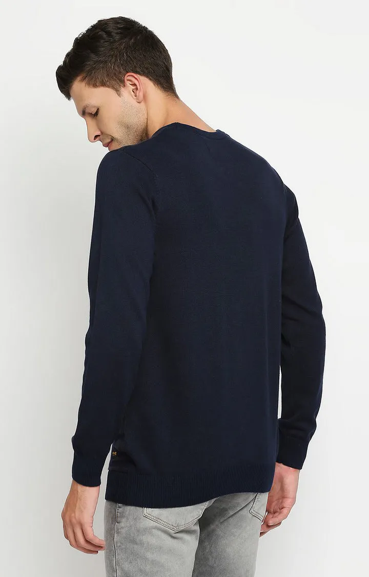 Spykar Men Navy Cotton Regular Fit Full Sleeve Round Neck Sweater