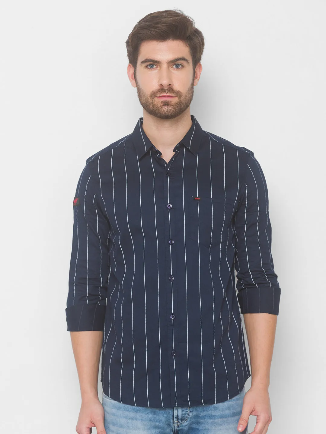 Spykar Men Navy Cotton Slim Fit Shirt