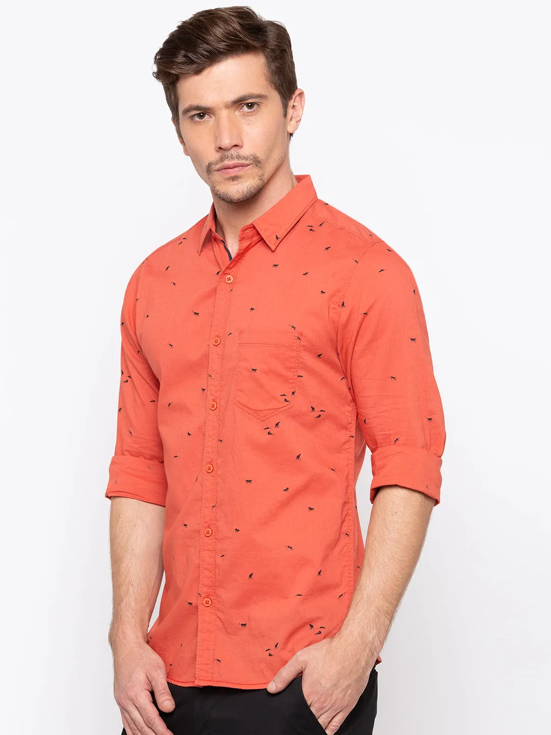 Spykar Men Orange Printed Slim Fit Casual Shirt