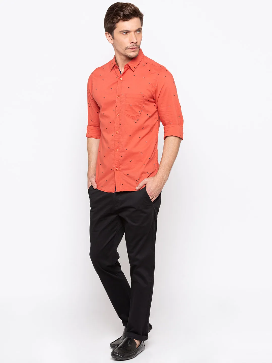 Spykar Men Orange Printed Slim Fit Casual Shirt