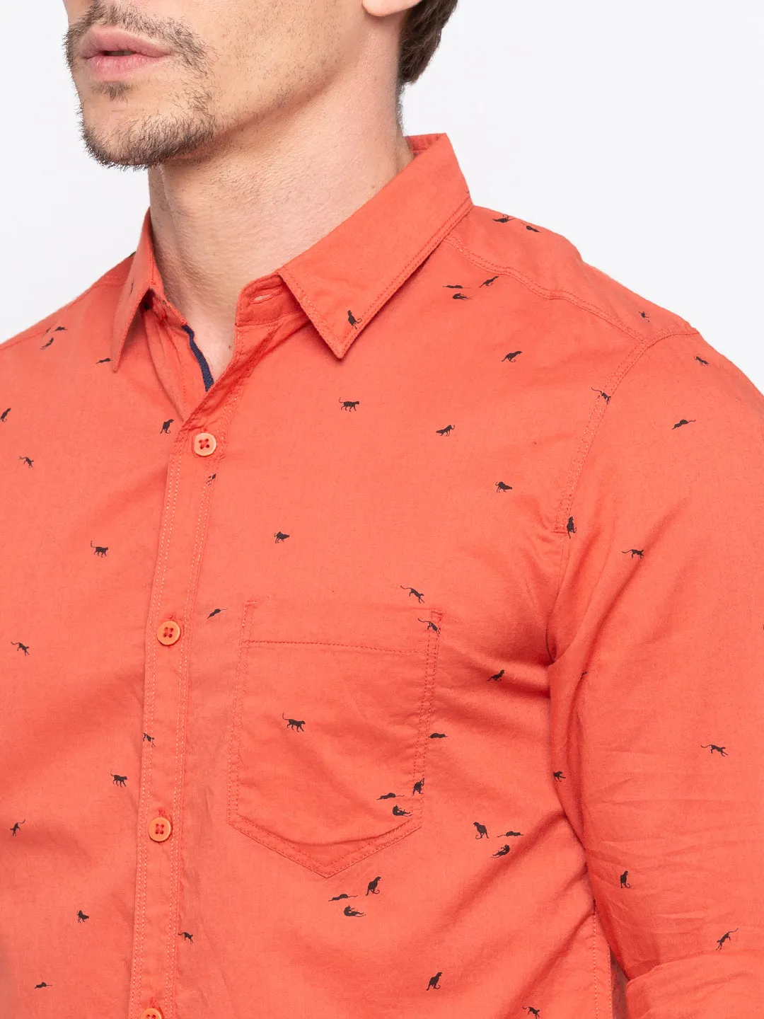 Spykar Men Orange Printed Slim Fit Casual Shirt