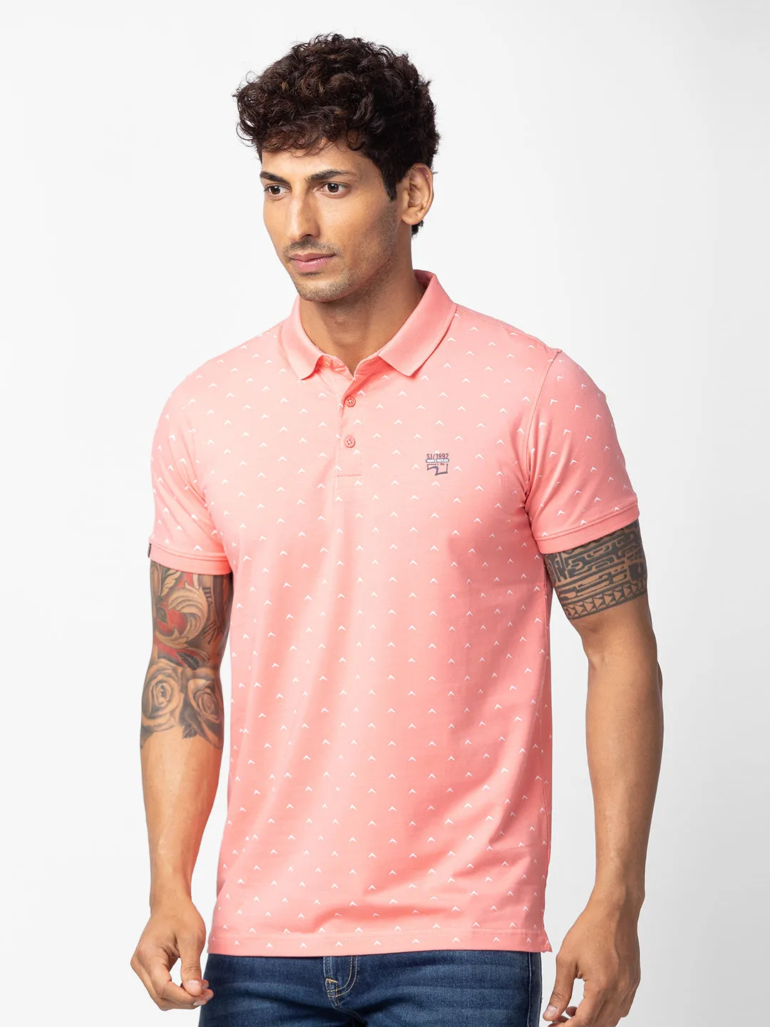 Spykar Men Peach Pink Cotton Regular Fit Half Sleeve Printed Polo T-Shirt