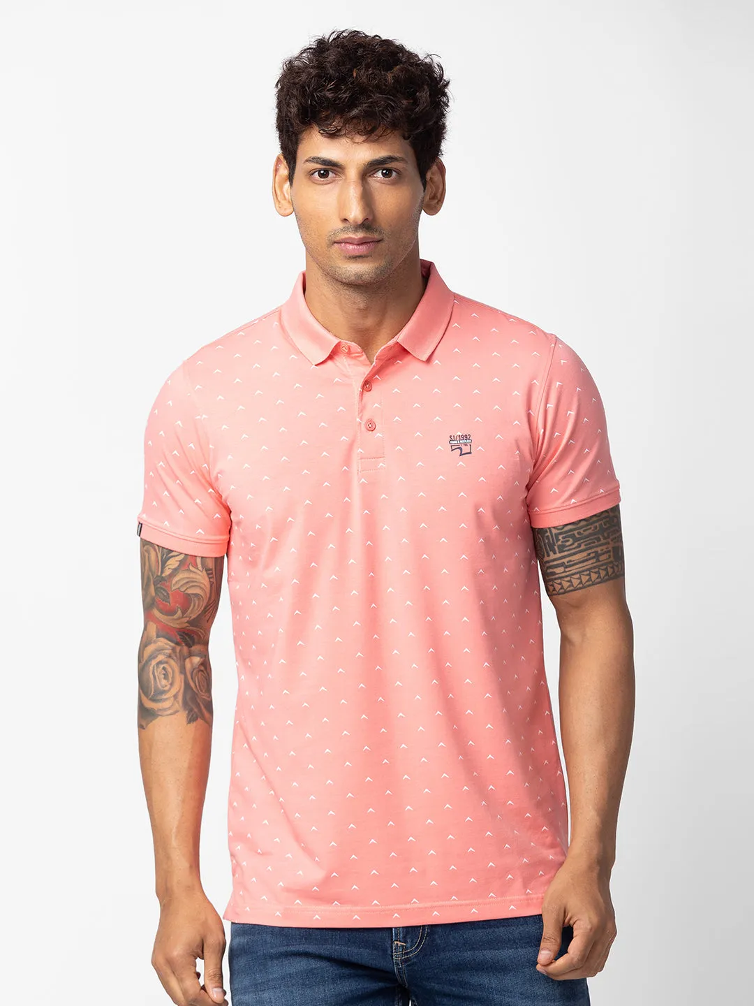 Spykar Men Peach Pink Cotton Regular Fit Half Sleeve Printed Polo T-Shirt