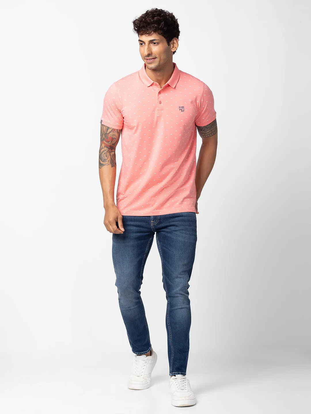 Spykar Men Peach Pink Cotton Regular Fit Half Sleeve Printed Polo T-Shirt