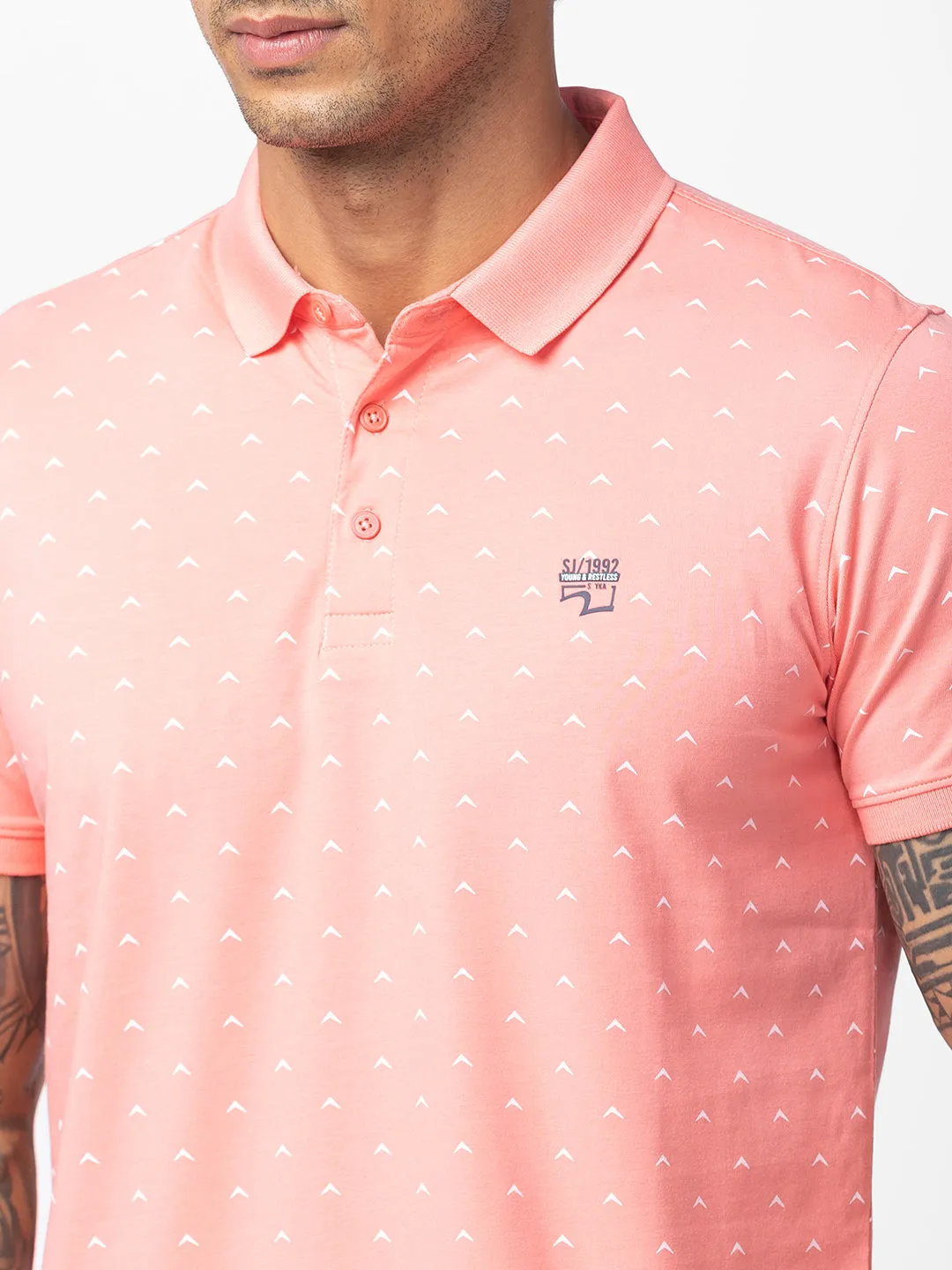 Spykar Men Peach Pink Cotton Regular Fit Half Sleeve Printed Polo T-Shirt