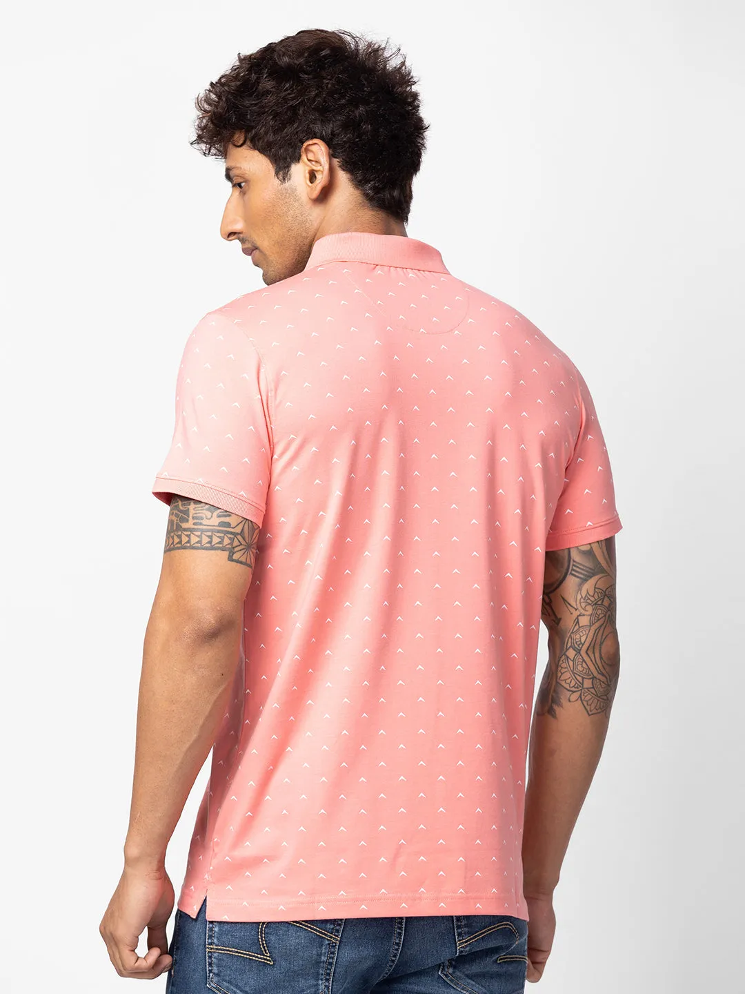 Spykar Men Peach Pink Cotton Regular Fit Half Sleeve Printed Polo T-Shirt