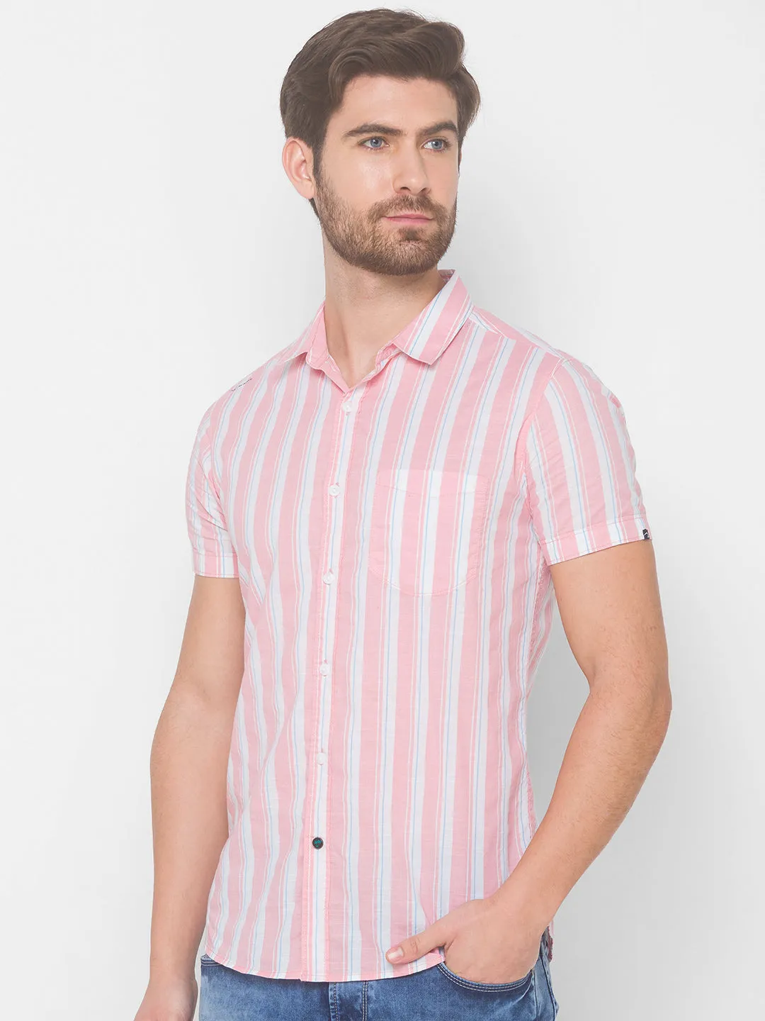 Spykar Men Peach Pink Cotton Shirts (Slim)