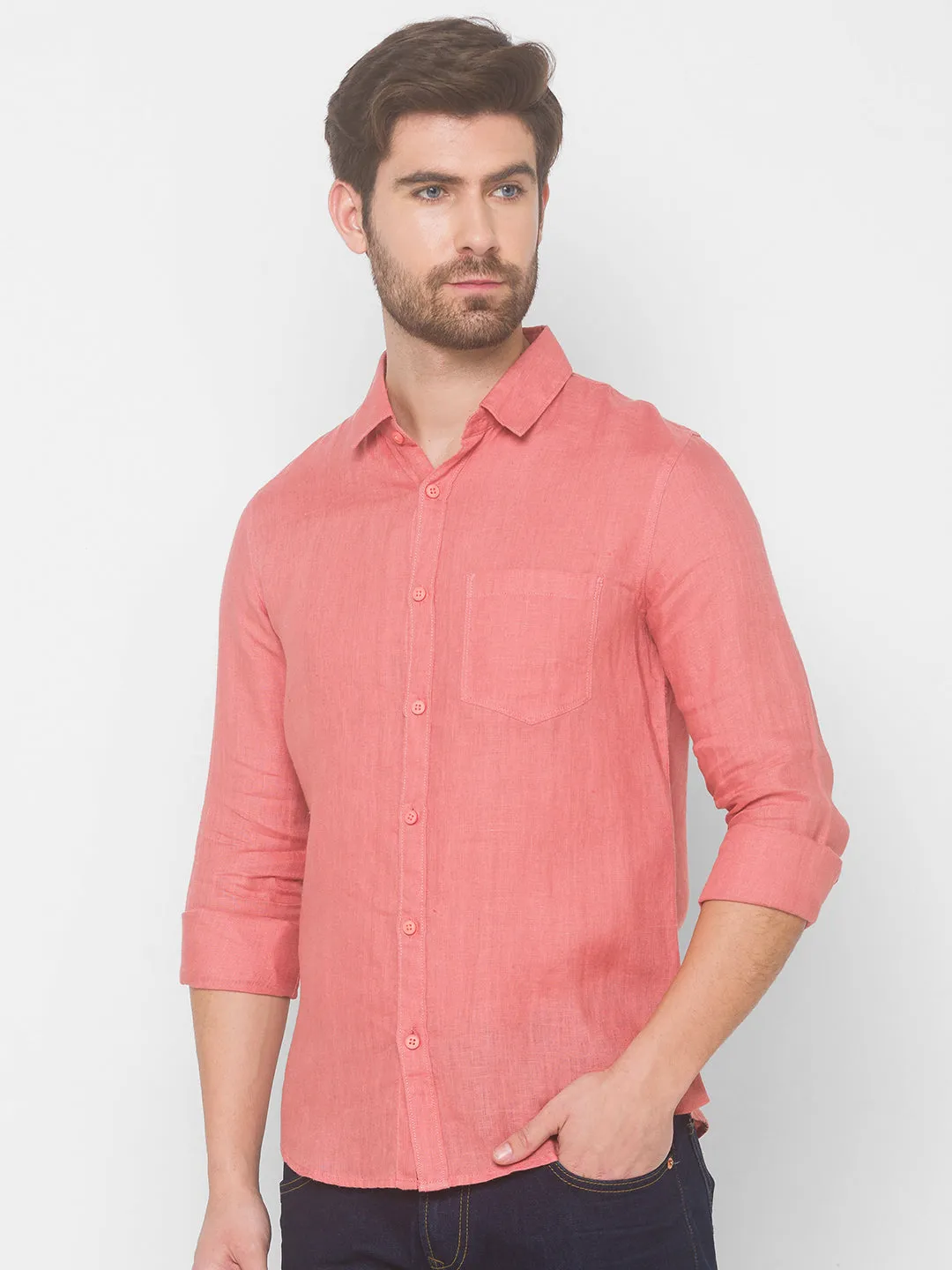 Spykar Men Tan Pink Cotton Slim Fit Shirt