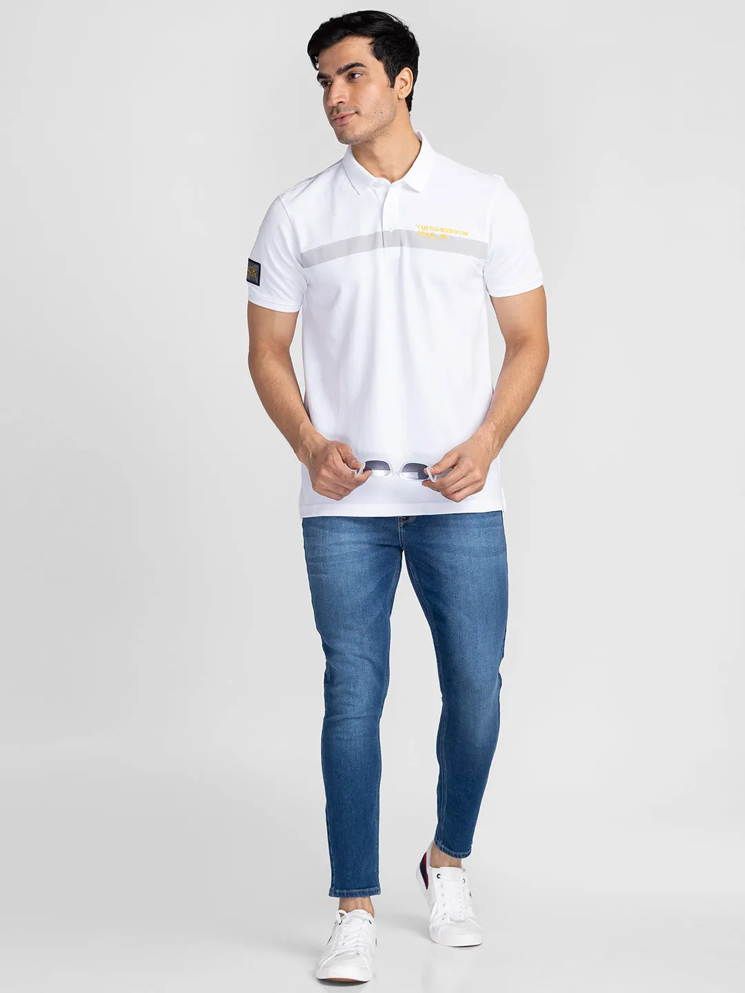 Spykar Men White Cotton Slim Fit Polo Printed T-Shirt