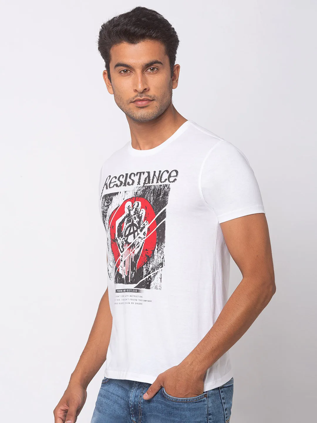 Spykar Men White Cotton Slim Fit T-Shirt