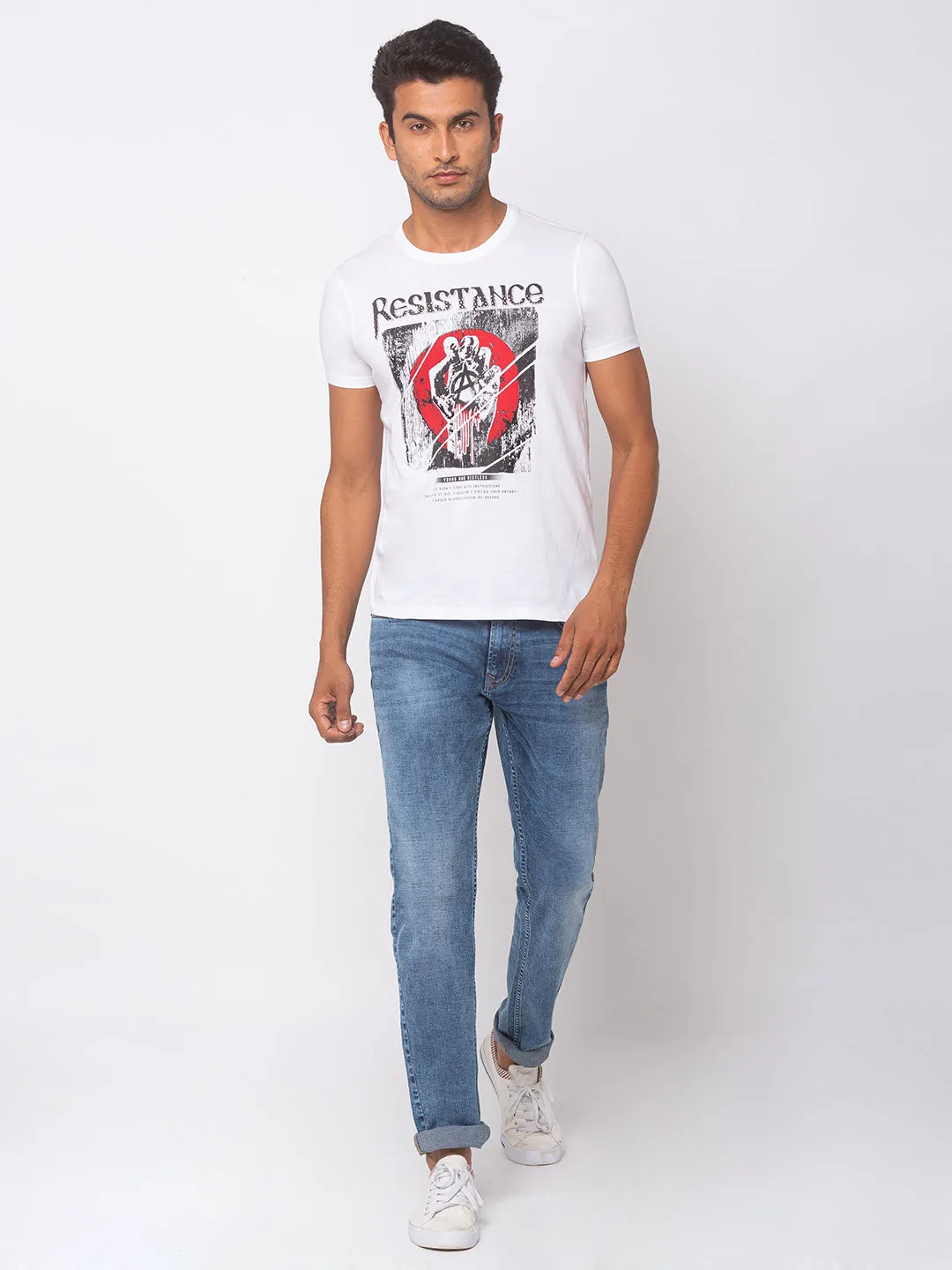 Spykar Men White Cotton Slim Fit T-Shirt