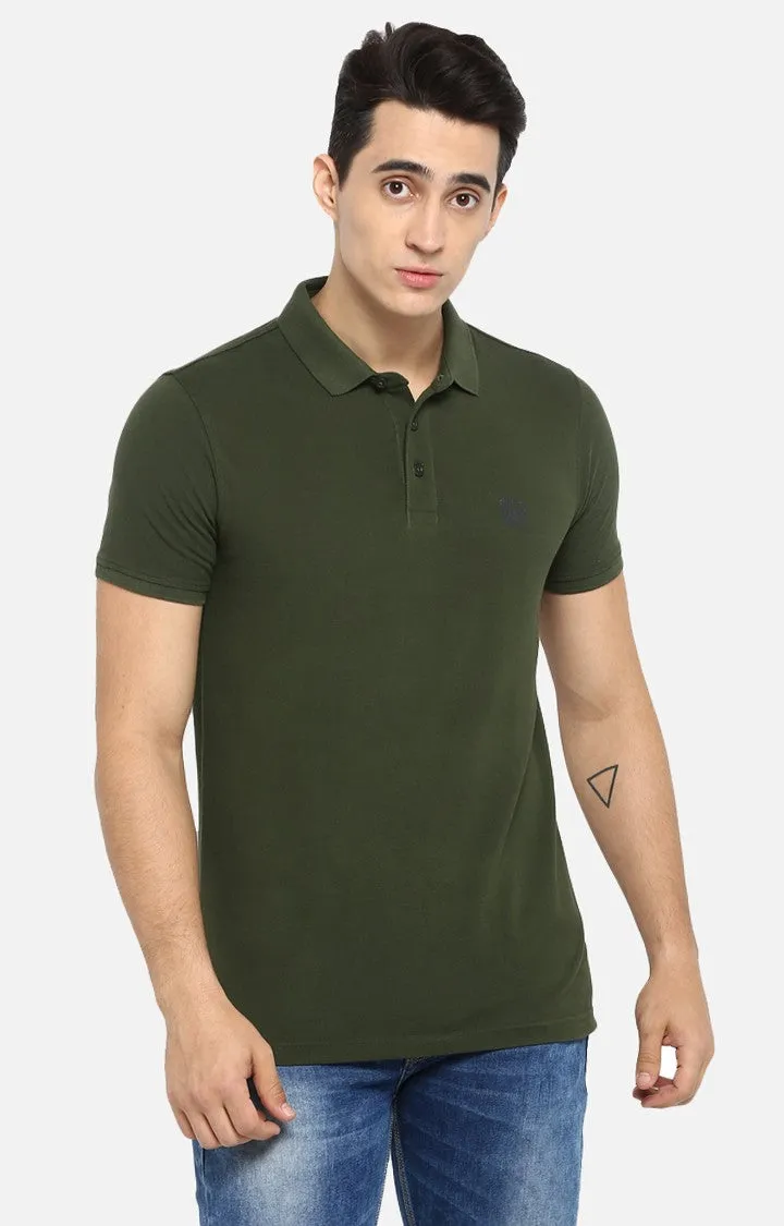 Spykar Olive Solid Slim Fit Polos T-Shirt