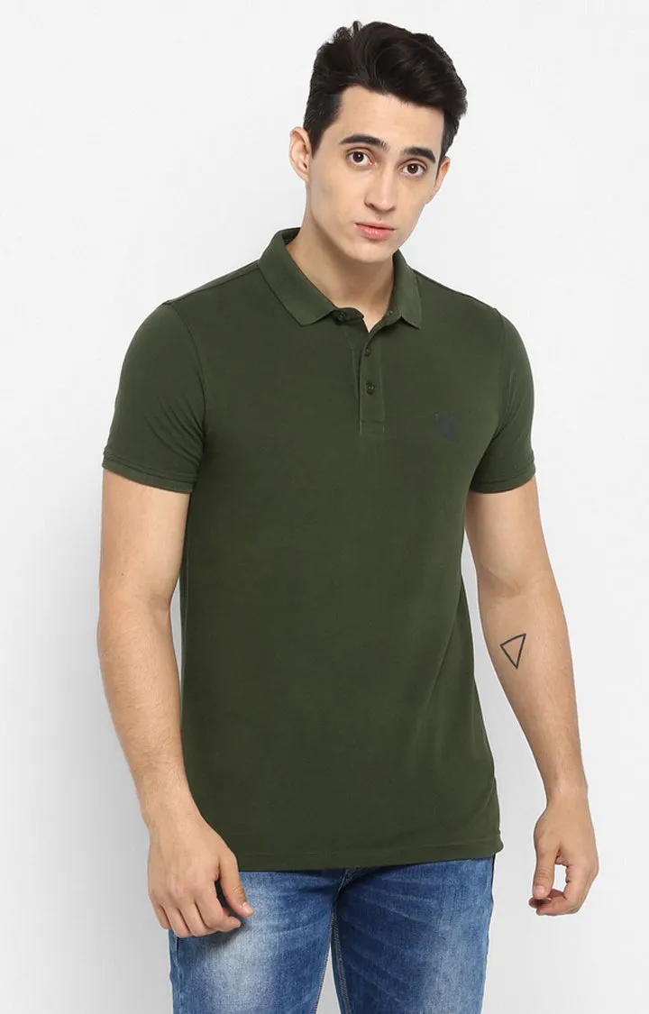 Spykar Olive Solid Slim Fit Polos T-Shirt