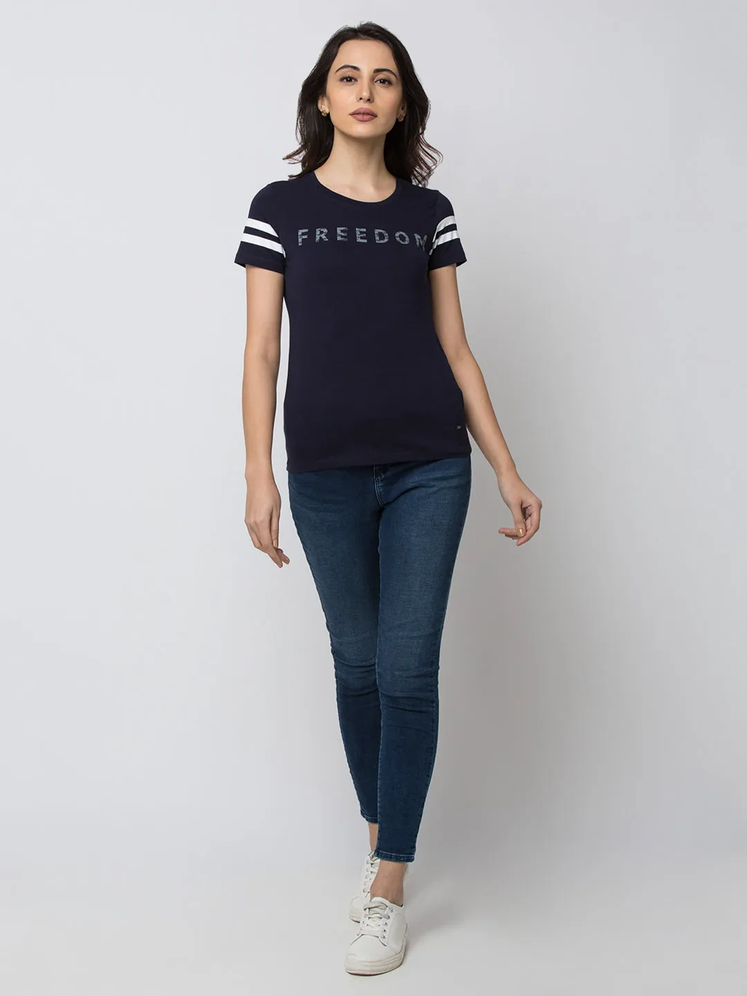 Spykar Women Blue Lycra Regular Round Neck T-Shirt