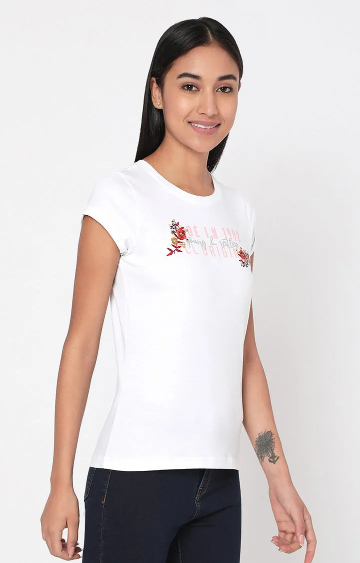 Spykar Women White Cotton Slim Fit Round Neck Crop T-Shirts