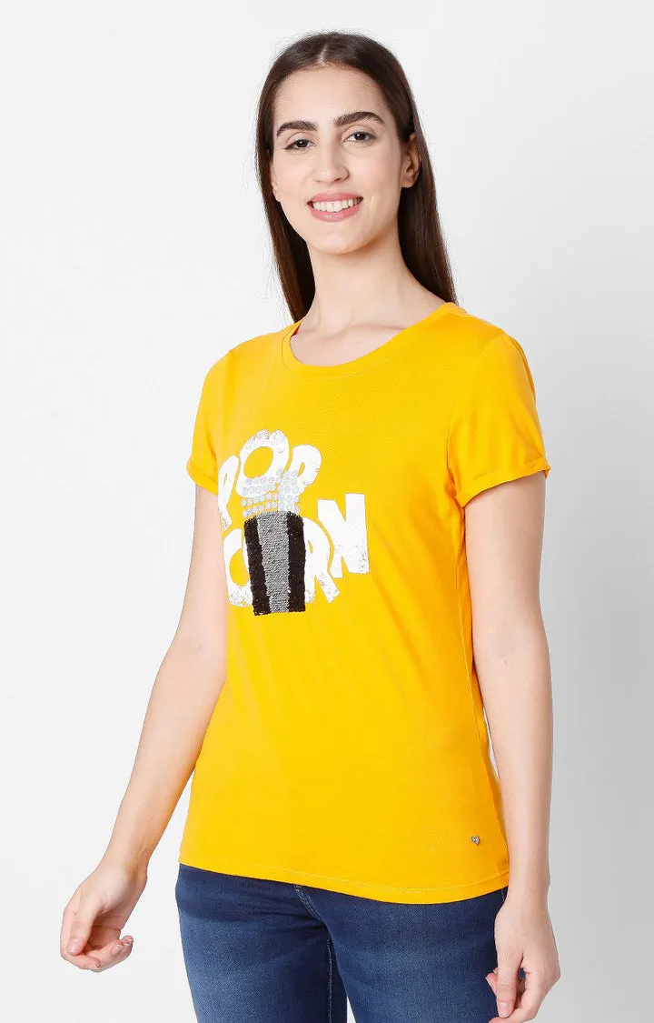 Spykar Women Yellow Cotton Slim Fit Round Neck T-Shirts