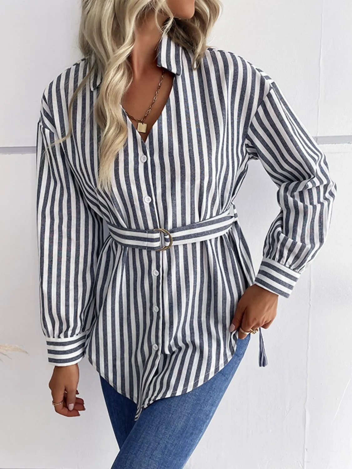 Striped Curved Hem Belted Shirt